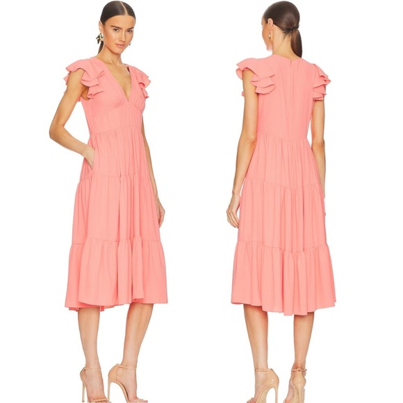 Amanda Uprichard Annette‎ Dress Neon Ballet size Medium Coral Ruffle Sleeve Midi - Picture 1 of 8